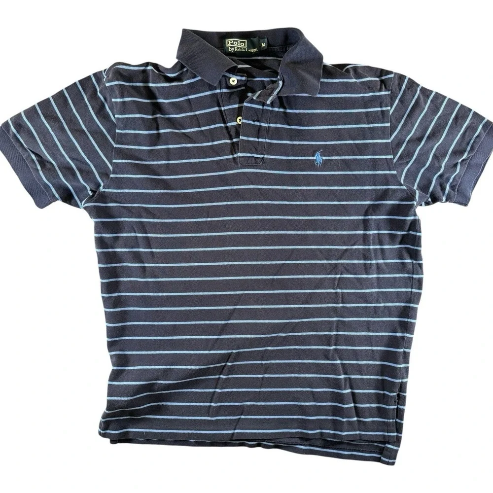 Polo Ralph Lauren Mens M Blue Striped Short Sleeve Polo Shirt Cotton